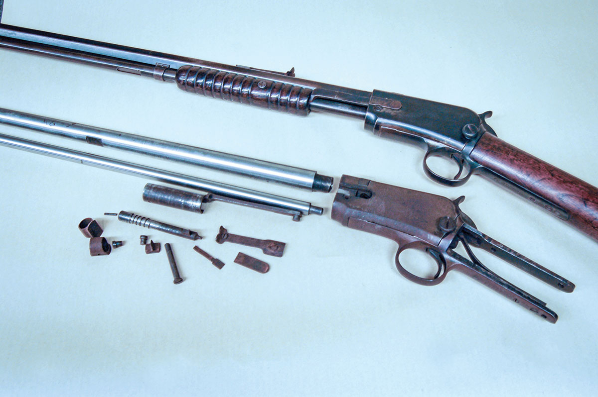 A Winchester Model 1890 (top) with the same action as the M1906 (bottom). Both are lightly rusted and won’t feed or fire – perfect project guns.